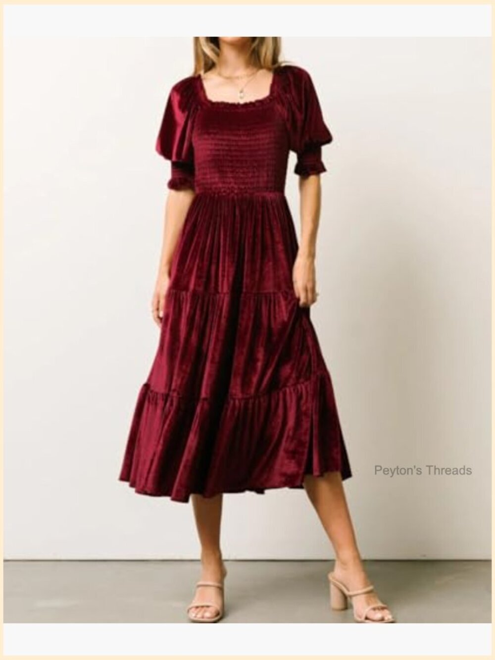 Women's Velvet Midi Dress Puff Sleeve Square Neck Smocked Tiered Ruffle A-Line - Picture 2 of 7